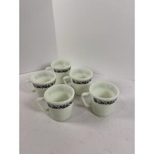Pyrex Milk Glass Coffee Mugs Set 5 Dark Blue Floral Scroll 1410 USA
